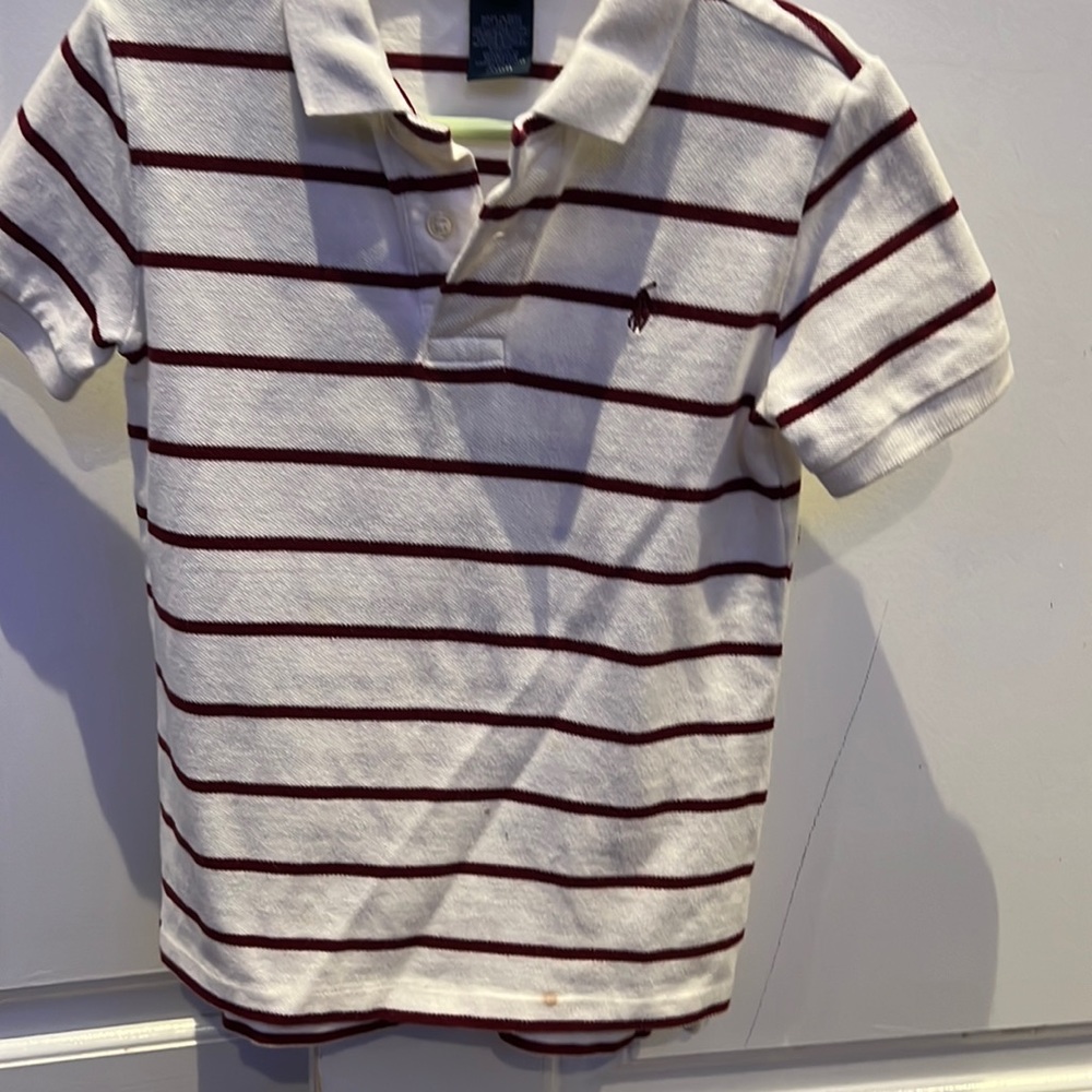 Polo collared white, red stripped short sleeve shirt. Gently used, price $14
